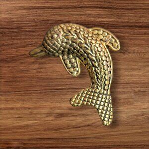 Vintage Brass Dolphin‎ Brooch Pin Textured Finish 2"  Nautical Charm Accessory